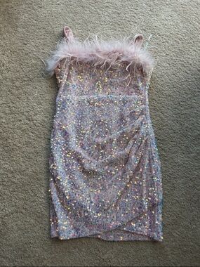 Francesca’s Pink Sequin Feather-Trim Girls' Party Dress